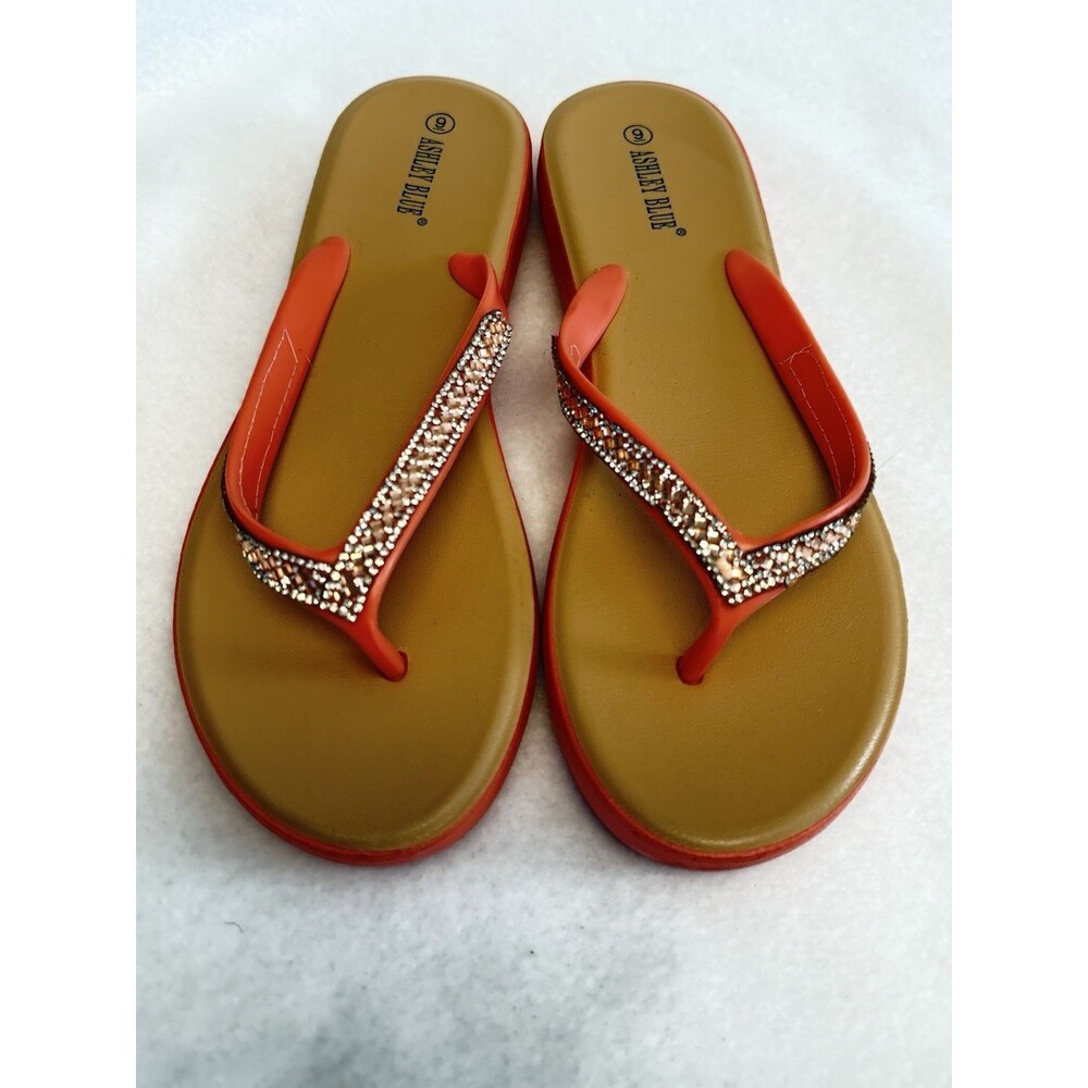 Womens Ashley Blue Salmon Beaded Rhinestones Jellies Flip Flops Sandals Sz 9 - Picture 12 of 12